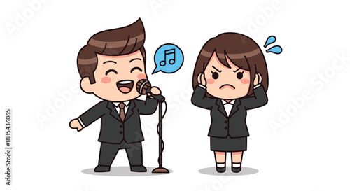 Cartoon illustration of a cheerful businessman singing into a microphone with a musical note speech bubble while a stressed businesswoman covers her ears nearby against a clean white