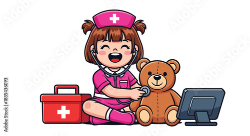 Cartoon nurse girl sitting with teddy bear and first aid kit in pink uniform on white background.