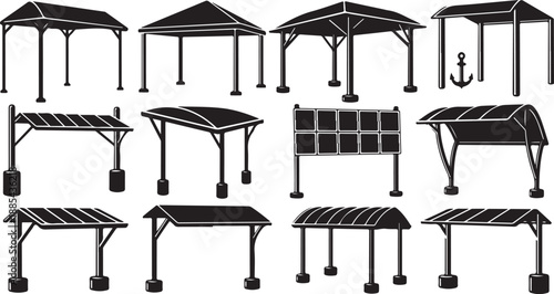 Various gazebo and canopy designs in black and white