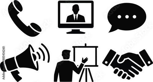 Various icons depicting phone calls, online meetings, messaging, presentations, and partnership