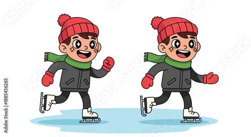 Two cartoon boys ice skating on a blue rink with red hats and green scarves on a white background.