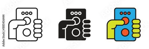 Remote Control Operation Icon. Hand holding a remote control device icon, symbolizing wireless operation, industrial teleoperation, and smart home system management in three styles.