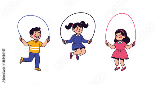 Three happy children jumping with colorful jump ropes in a playful scene against a clean white background with vibrant tones.