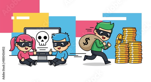 Cartoon illustration of masked thieves stealing money and data from a computer with a skull on the screen, surrounded by colorful rectangles and stacks of gold coins.