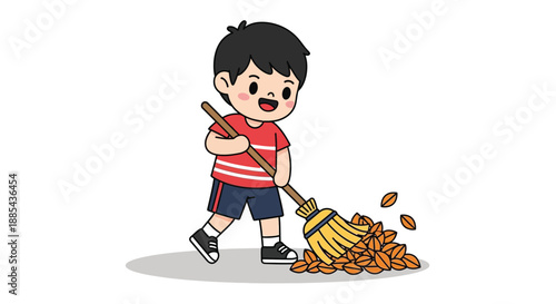 A cheerful cartoon boy sweeping leaves with a broom on a plain white background with autumnal colors.