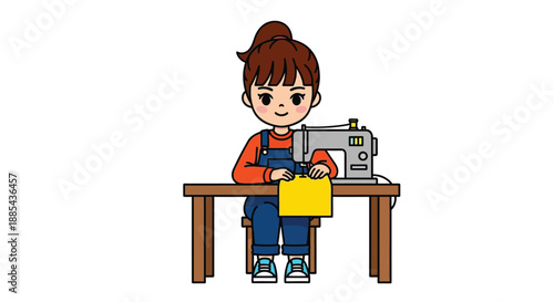 Cartoon illustration of a girl sitting at a table using a sewing machine with a yellow fabric piece.