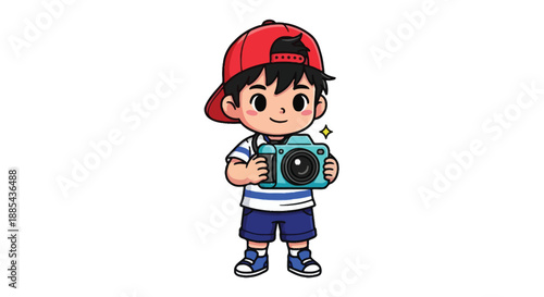 A cartoon boy wearing a red baseball cap holds a blue camera with a sparkle effect, standing against a plain white background with a cheerful mood.