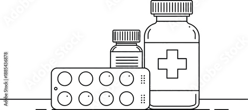 Medical vector with pill blister pack small and large medicine bottles in black and white minimal healthcare illustration
