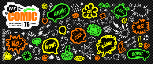 Comic pop doodle effect with boom, bomb, bubble, wow. Art icon with speech element and onomatopoeia text. Hand drawn explosion, bomb, pow vector background. Transparent manga comic pop neon collage bg