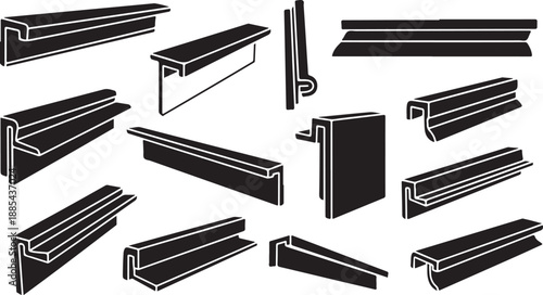 Various metal profiles and sections in black and white