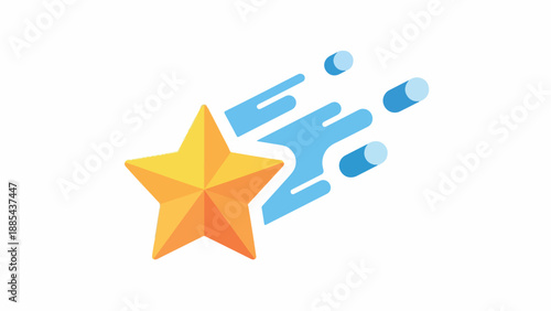 Flat design illustration of a yellow star with blue motion trails on a white background.