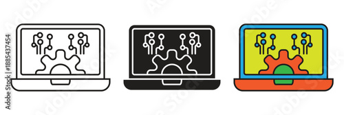 Computer Processing Icons. Laptop screen displaying circuit nodes and gear, representing hardware engineering, system backend processing, and automated data computing concepts.
