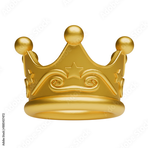 Golden 3D crown with patterns and stars on gray background, symbol of power and success, luxury accessory for web design, minimalist interface element for gamification and VIP premium status.