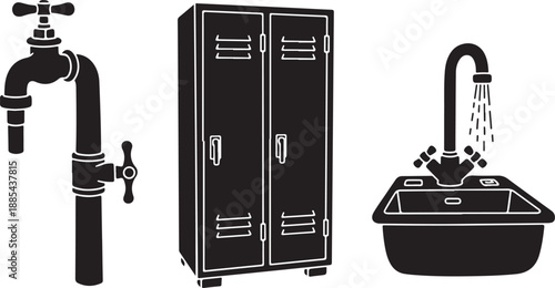 Black and white bathroom plumbing and cabinet illustration set