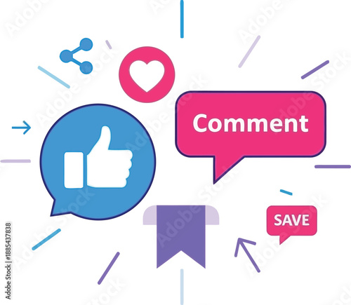 Social media icons with like, comment, and save symbols