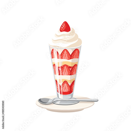 A delicious strawberry parfait dessert in a tall glass with layers of fresh strawberries, cream, and a whipped cream topping, served on a plate with a spoon.