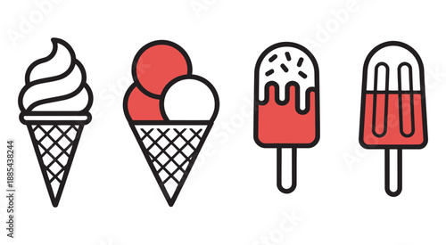 Assortment of four ice cream treats, cones and popsicles, white and coral color palette, summer design food packaging illustration