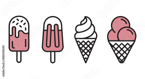 Ice cream variety illustration, four cones and popsicles, white and coral tones, summer dessert design for food packaging