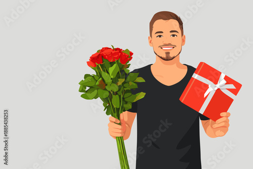Cool man holding a bouquet of red roses and a gift box for a date.