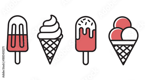 Four ice cream desserts, cones and popsicles in white coral colors, summer treat illustration, ideal for packaging and design