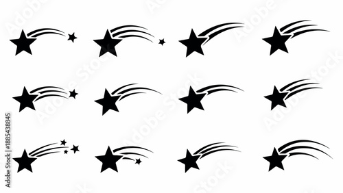 Collection of black star icons with motion trails on a white background in a graphic design element.