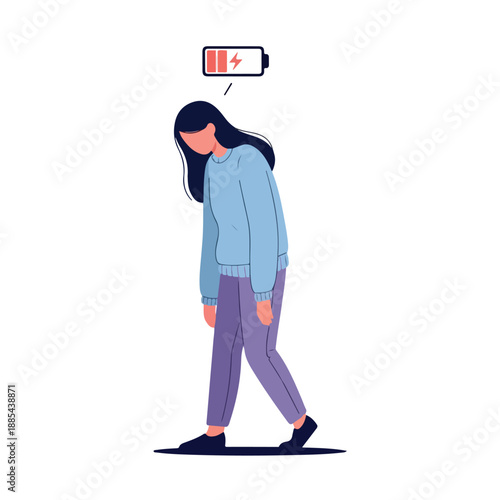 Illustration of a tired young woman walking with a low battery symbol above her head against a clean white background.