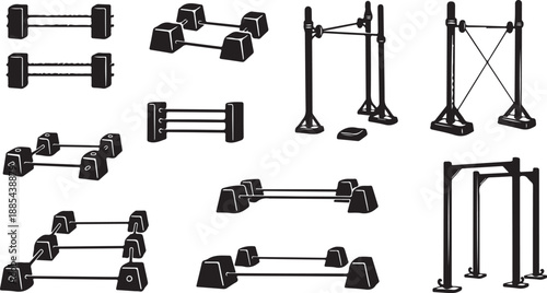 Black and white illustration of various dumbbell sets equipment