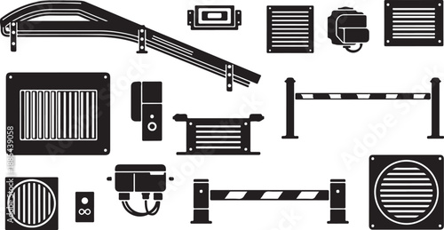 Industrial security barrier and gate icon set in black