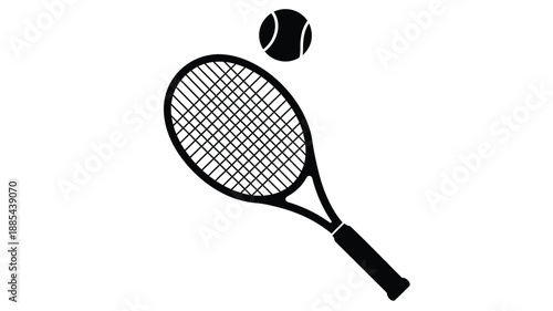 Tennis racket and ball in mid air a striking black silhouette