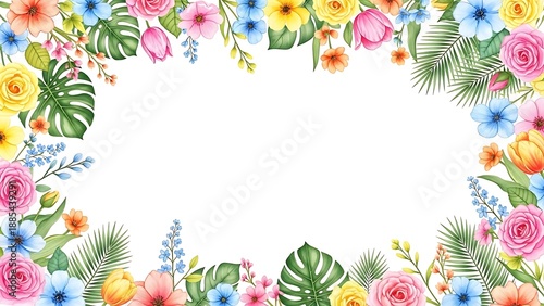 Vibrant tropical flowers and lush green leaves forming a decorative frame on white