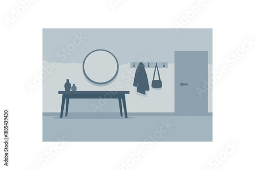 Flat vector background illustration of minimalist hallway with console table silhouette round mirror and coat hooks style clean 2D shapes no outlines minimal details matte colors layered