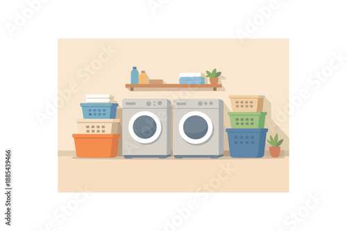 Flat vector background illustration of calm laundry corner with washer and dryer silhouettes and stacked baskets style clean 2D shapes no outlines minimal details matte colors layered depth