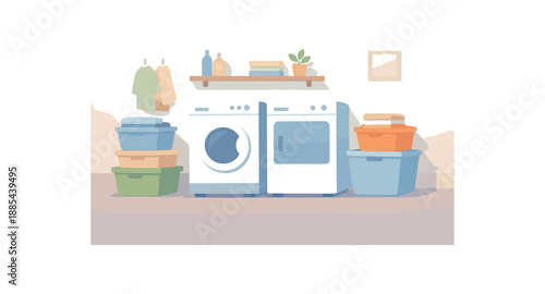 Flat vector background illustration of calm laundry corner with washer and dryer silhouettes and stacked baskets style clean 2D shapes no outlines minimal details matte colors layered depth
