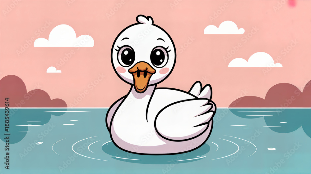 Obraz premium Adorable Cartoon Baby Duck Swimming Happily in a Pond with Pink Sky and Fluffy Clouds, a Sweet Illustration for Children's Books and Nursery Decor