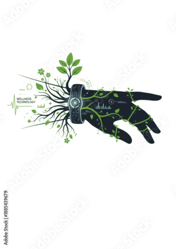 Bio-Metric Sensory Ring Silhouette, Wearable Tech Connecting to Nature, Human Plant Interaction and Wellness Technology Vector