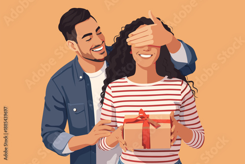 Man surprising a woman by covering her eyes while holding a gift box.