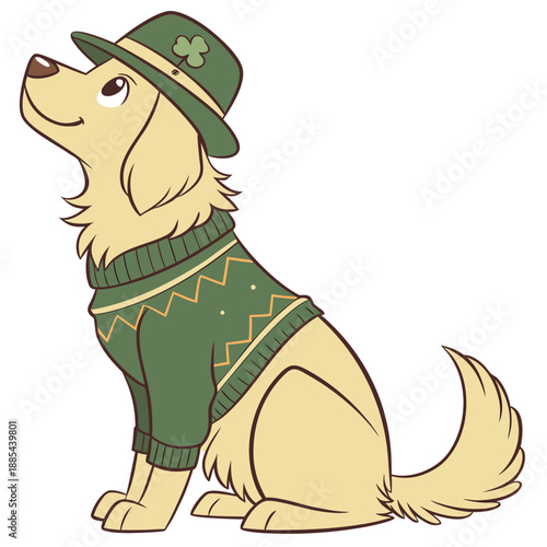 A happy golden retriever dog sits wearing a green patterned sweater and a matching green hat adorned with a shamrock emblem.