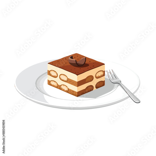 A delicious slice of classic Italian tiramisu dessert on a white plate with a fork, ready to be enjoyed.