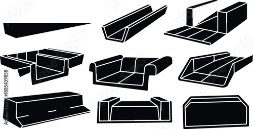 Black and white skateboard ramp illustrations in various shapes