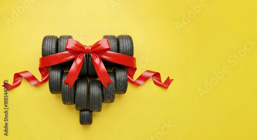 Car Tires Shaped as Heart with Red Bow on Yellow Background for Valentines Day