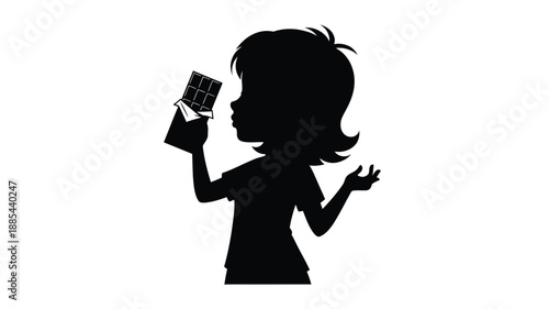 A young girl enjoying a chocolate bar in a dark silhouette