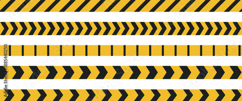 Caution tape borders set, black and yellow chevron stripes, construction safety warning labels, danger signage, industrial event barriers