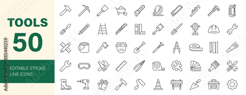 Construction tools icon set. Editable line icons. Vector illustration.