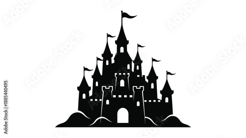 Detailed black castle with multiple towers and flags a striking silhouette