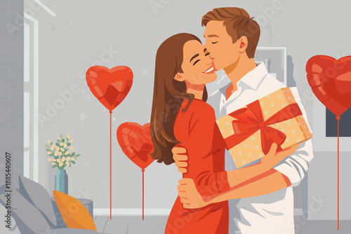 Couple standing near a window and sharing a romantic kiss.