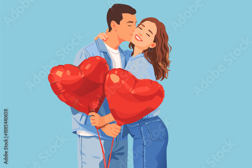 Young couple embracing while holding a bundle of red heart balloons.