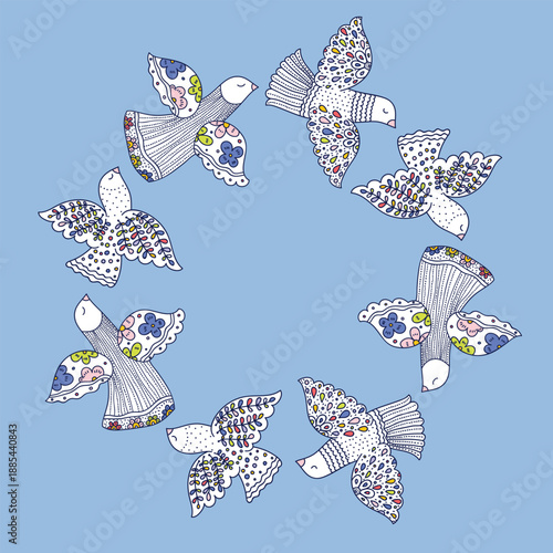 Vectorwreath with pigeons. Cute illustration with decorative birds. 