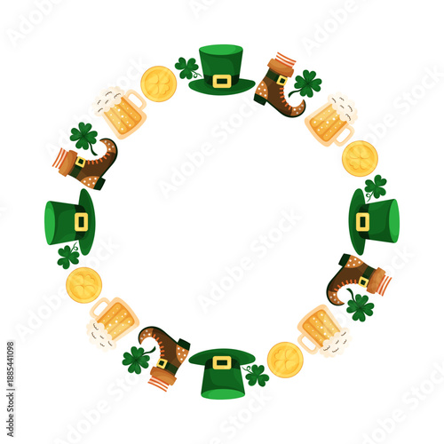 Round Saint Patricks Day frame. Elements top hat, coin, boot, and beer mug. Copy space for inscription in center. Hand drawn vector illustration.