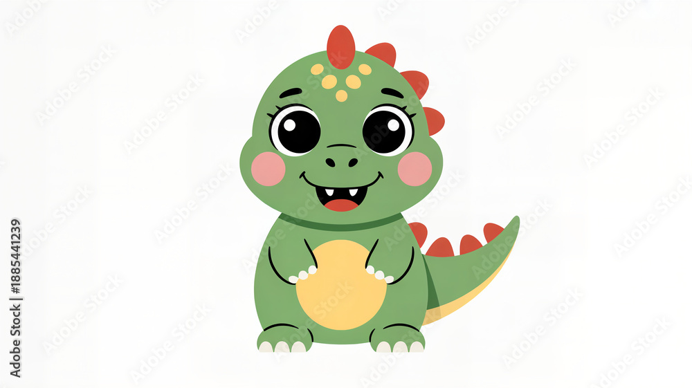 Obraz premium Adorable baby dinosaur illustration, green with yellow spots and red spikes, big eyes and a happy smile.