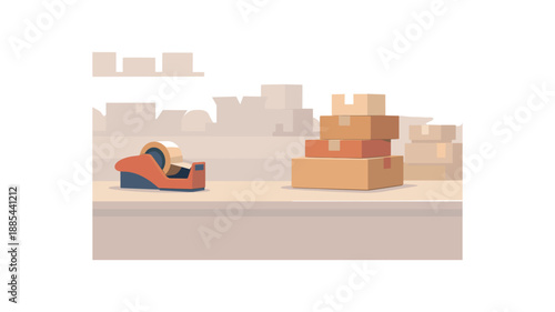 Flat vector background illustration of clean packaging station with boxes silhouettes tape dispenser shape and stacked parcels style clean 2D shapes no outlines minimal details matte colors